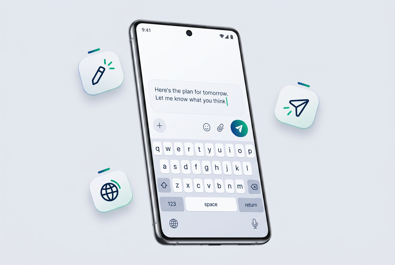 Illustrated Android phone with a familiar keyboard for editing a draft before sending