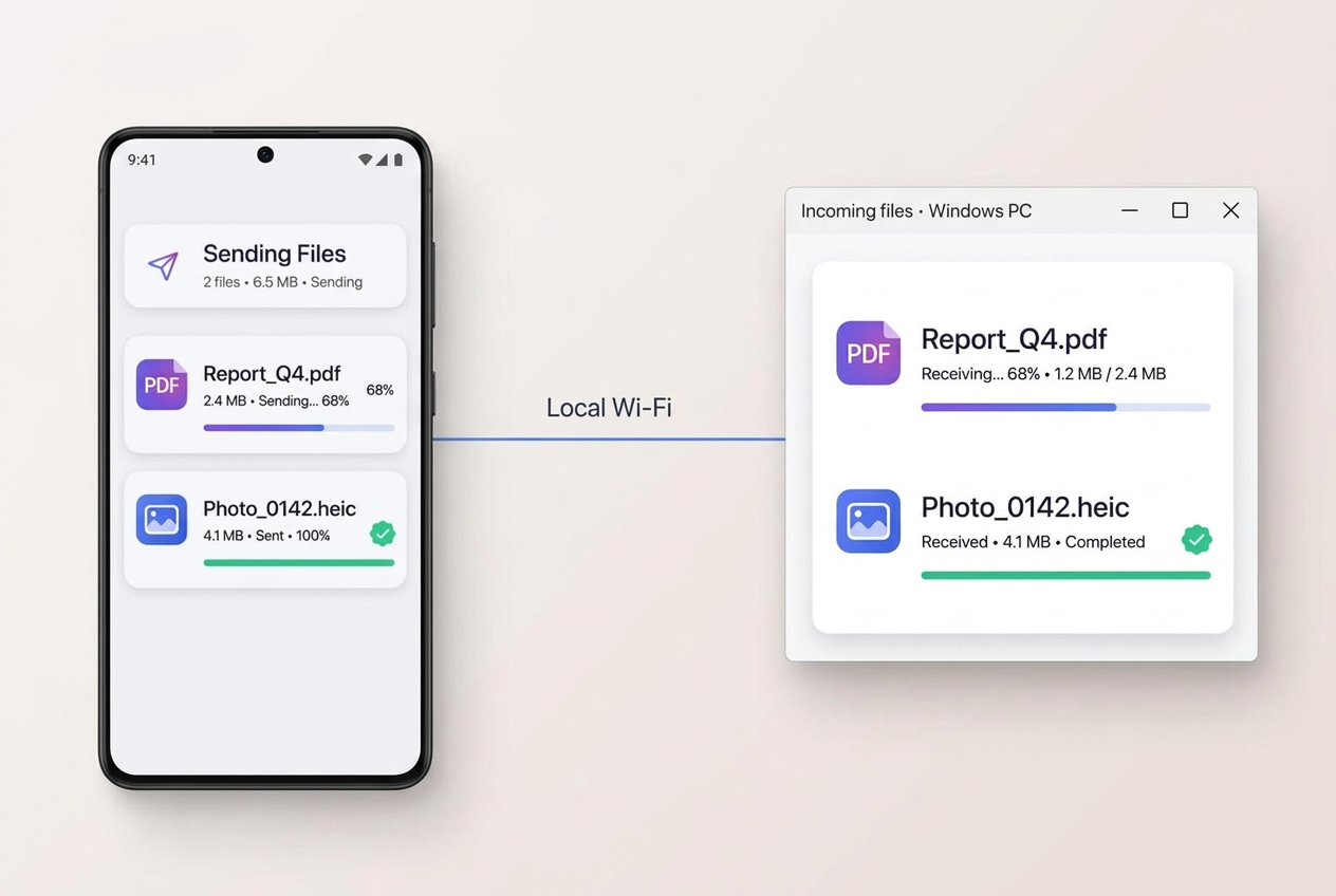 Illustration of documents and photos transferring from an Android phone to a Windows PC over local Wi-Fi