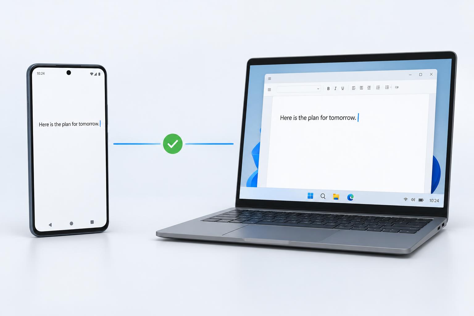 Illustration of the same draft moving from an Android phone to the active cursor in a Windows document