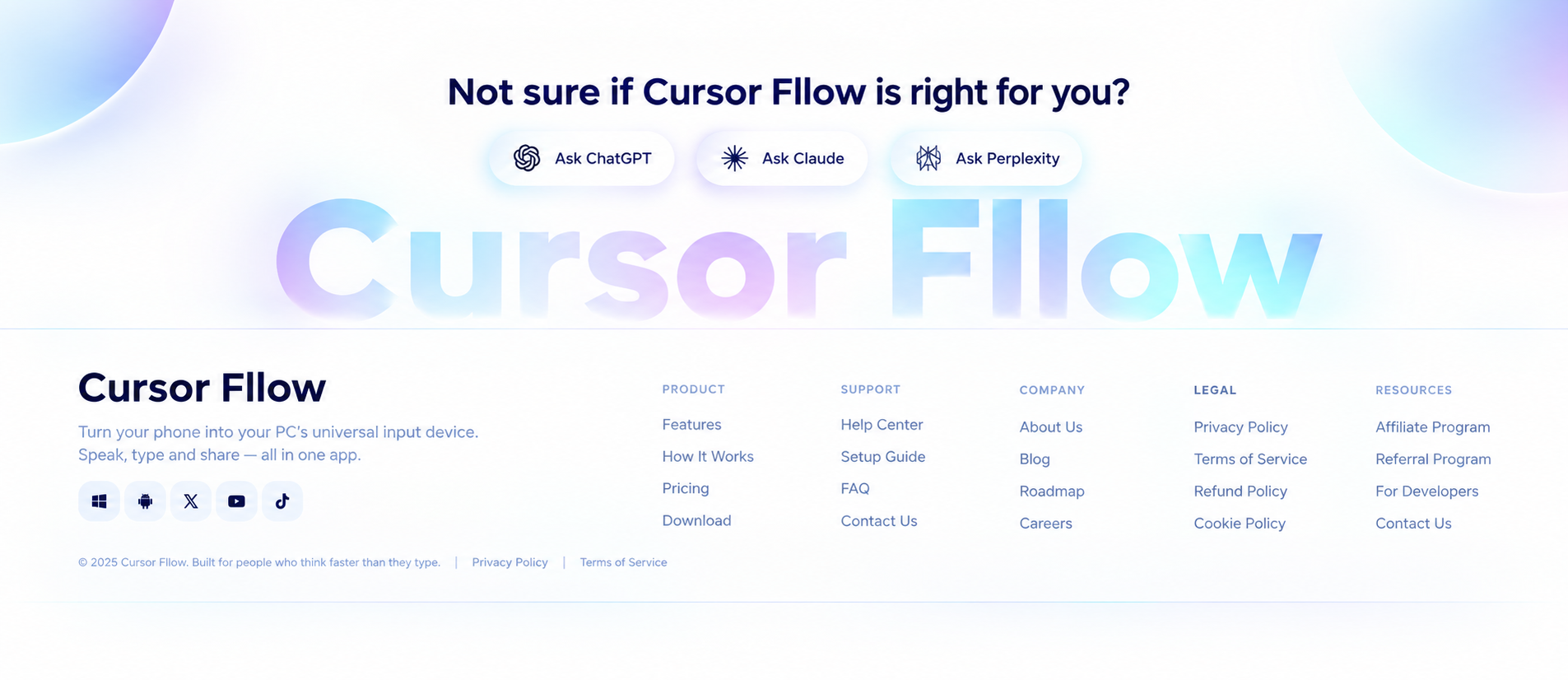 Cursor Fllow footer with product navigation and AI assistant options
